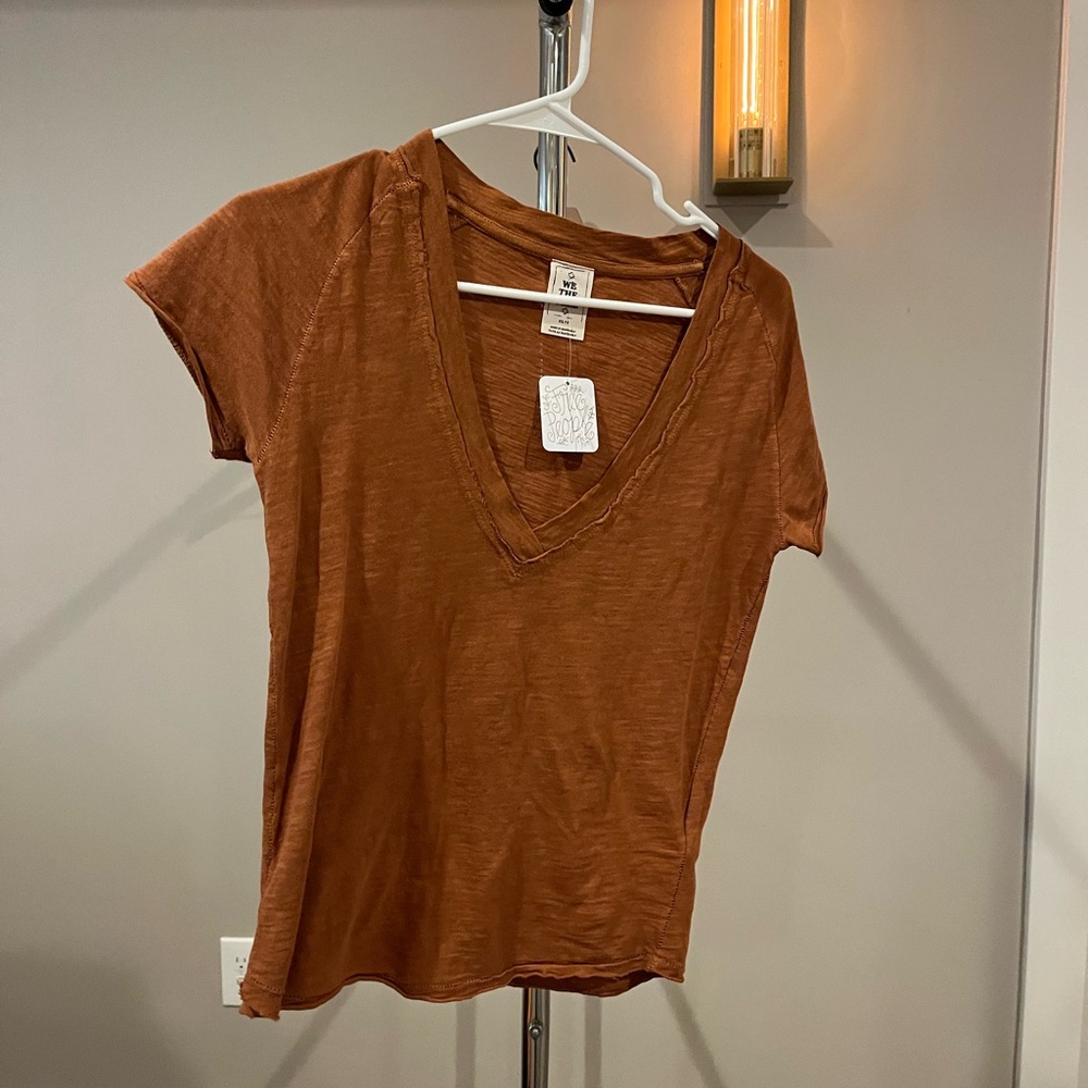 Free People Deep V-Neck Short Sleeve Tee in Rust